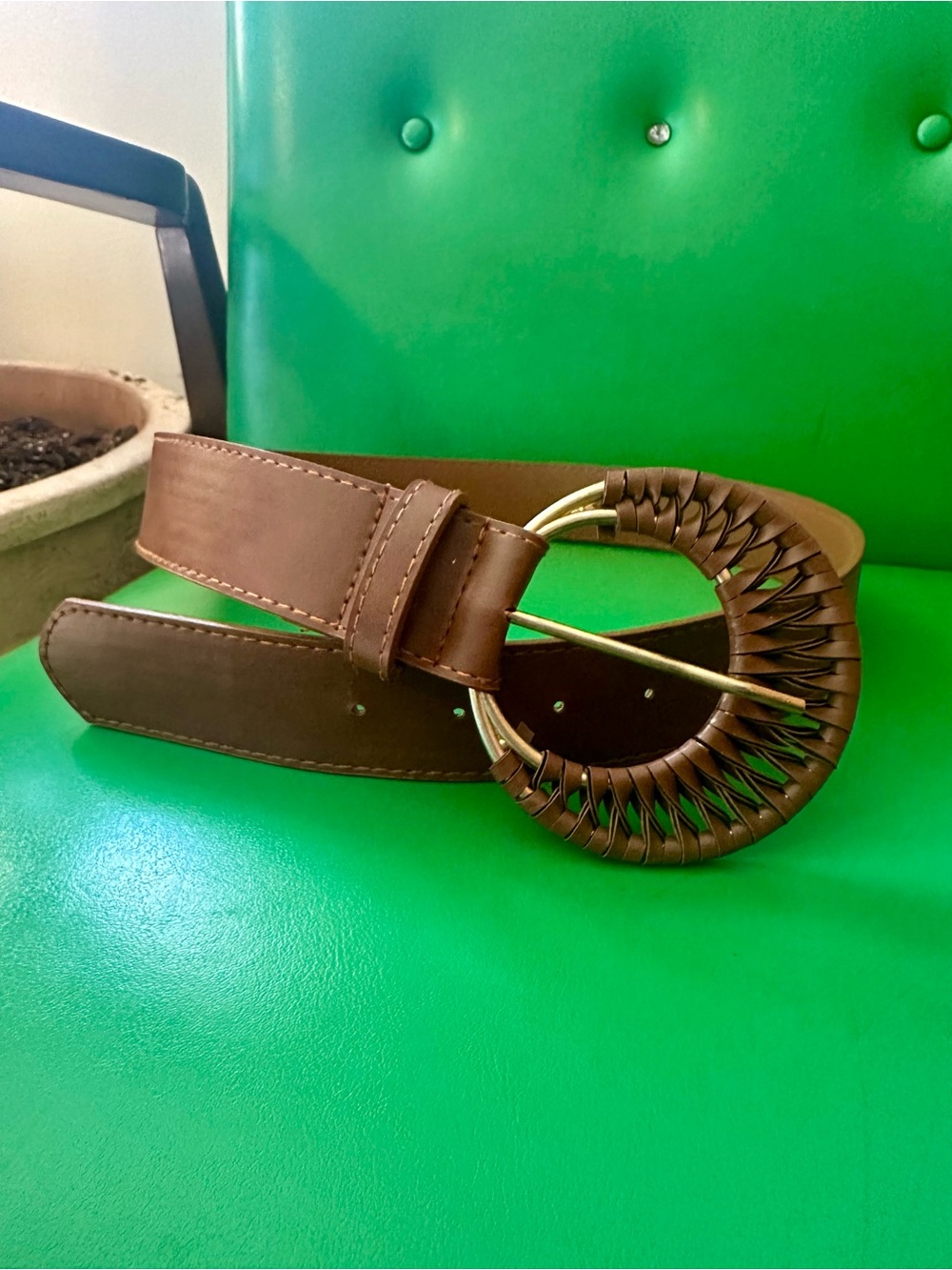 Zara Brown Leather Belt with Woven Round Buckle